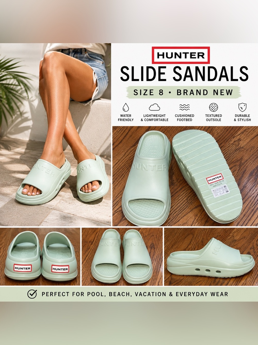 Hunter Women’s Slide Sandals Mint Green Size 8 Brand New